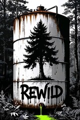 Urban illustration showcasing a rusted, abandoned reservoir painted with tree graffiti and "REWILD", promoting ecological consciousness, reforestation, and the fight for nature's survival.
