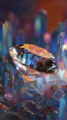 Close up shot of a large diamond with crystal formations and blurred city lights in the background