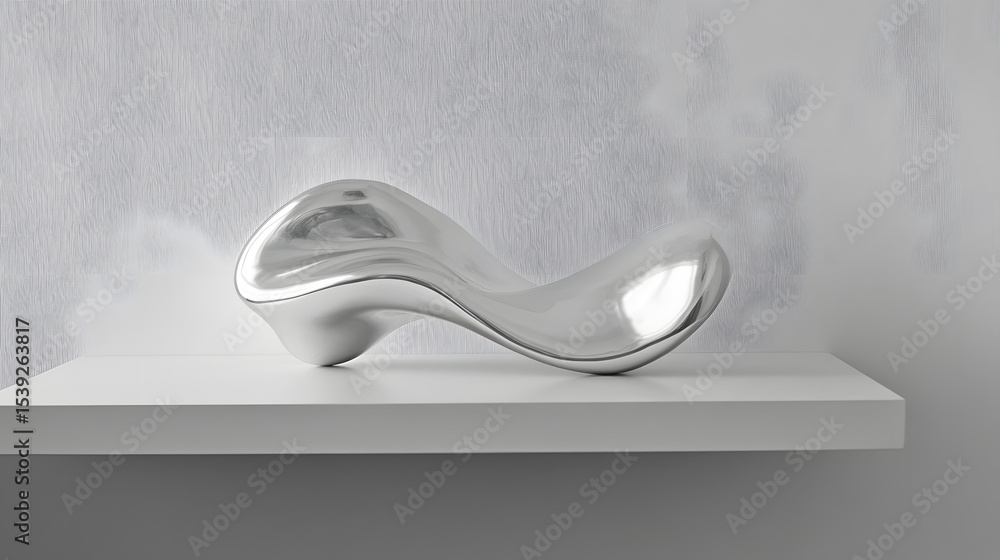 Poster abstract sculpture with smooth, twisting form on white shelf and minimalist background