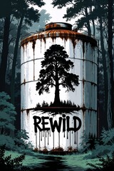 Environmental street art illustration with a decayed, rusted water tank and painted graffiti tree reading "REWILD", calling for nature preservation, reforestation, and climate action.