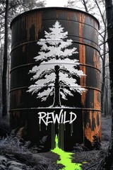 Urban ecological illustration featuring a rusted reservoir covered with graffiti of a tree and the quote "REWILD", promoting reforestation, nature justice, and environmental awareness through art.