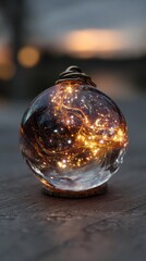 A glass orb filled with glowing lights and swirling lines sitting on a dark textured surface outside
