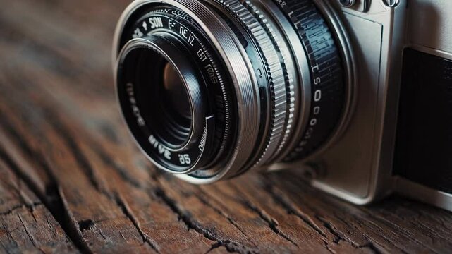 Vintage camera sits on rustic wooden surface capturing the essence of classic photography in a cozy indoor setting