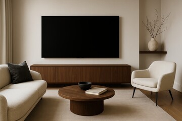 Modern living room interior featuring large flat-screen television and elegant contemporary furniture arrangement