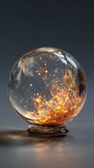 A clear glass orb containing golden abstract shapes and sparkling lights on a dark gray surface