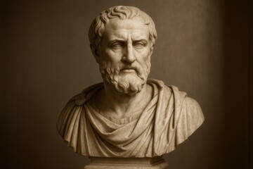 Classical marble statue with stoic expression representing timeless philosophy and wisdom