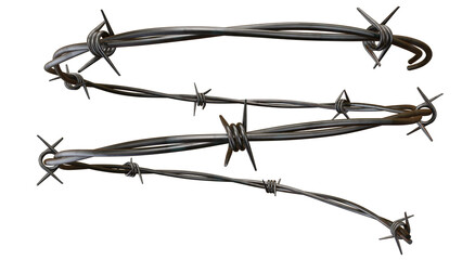 A close up view of three strands of barbed wire against a plain black colored background image shot on transparent background