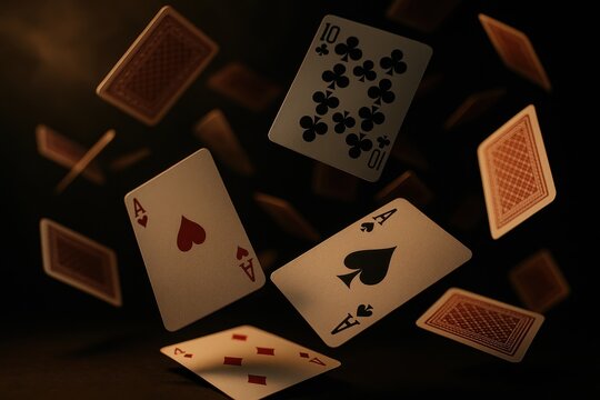 Playing cards cascading through air against white background in slow-motion photography capturing gambling themes
