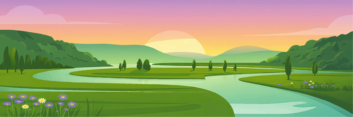 Serene River Valley Landscape at Sunrise with Wildflowers and Rolling Green Hills – Peaceful Nature Cartoon Illustration