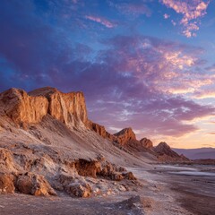 Obraz premium A stunning sunset illuminates the desert landscape, showcasing rugged rock formations and a vibrant sky