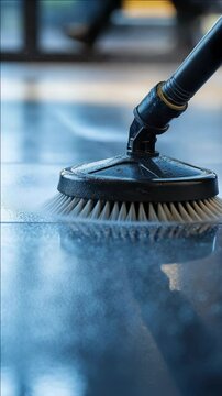 A professional cleaning service working on a wet floor with a scrubber and squeegee to shine and maintain the area.
