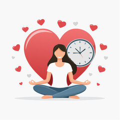 Description:A simple vector of a person meditating with symbols of a heart and clock to represent time for self-care and inner balance.