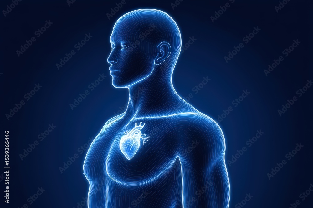 Poster a digital visualization of a male figure displaying a glowing heart graphic integrated within the ch