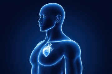 A digital visualization of a male figure displaying a glowing heart graphic integrated within the chest emphasizing the concepts of health technology and human anatomy in a modern context