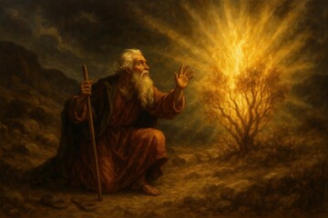 Biblical painting of Moses encountering the burning bush with divine light and spiritual atmosphere