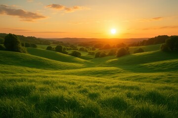 Obraz premium Serene countryside meadow at sunrise representing environmental harmony and peaceful rural landscape