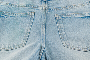Popular light blue denim jeans showcasing back pockets