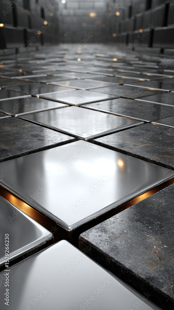 Poster abstract silver metal geometric structure with sharp lines and shapes, creating a futuristic and mod