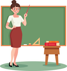 Cartoon Female Teacher Standing by Chalkboard with Pointer