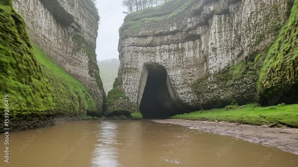 Aufkleber exploring a mysterious river canyon during foggy conditions generative ai
