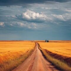 Obraz premium A dirt road winds its way through a vast field under a dramatic, cloudy sky, leading toward the horizon