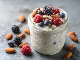 Overnight oats in a mason jar topped with berries and almonds