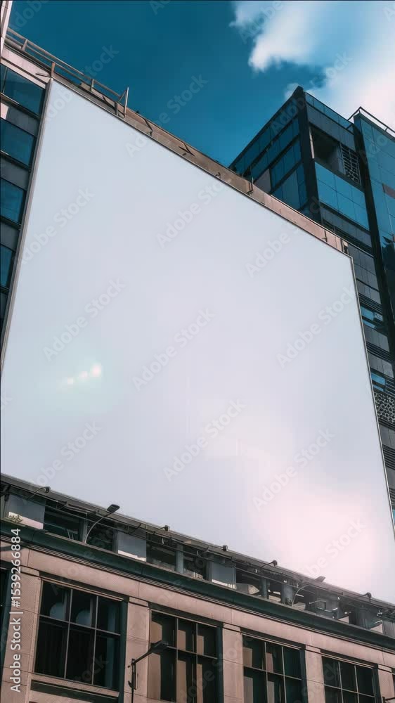 Poster a high-rise building with a large billboard on its side, showing an empty space.