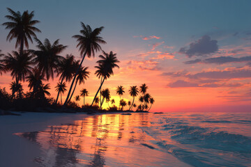 Sunset at the beach with silhouettes of palm trees