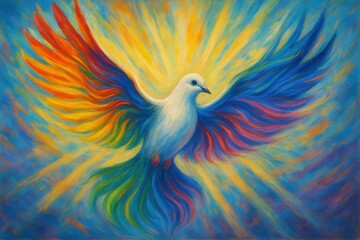 Obraz premium Vibrant peace dove artwork with rainbow wing patterns symbolizing hope and unity