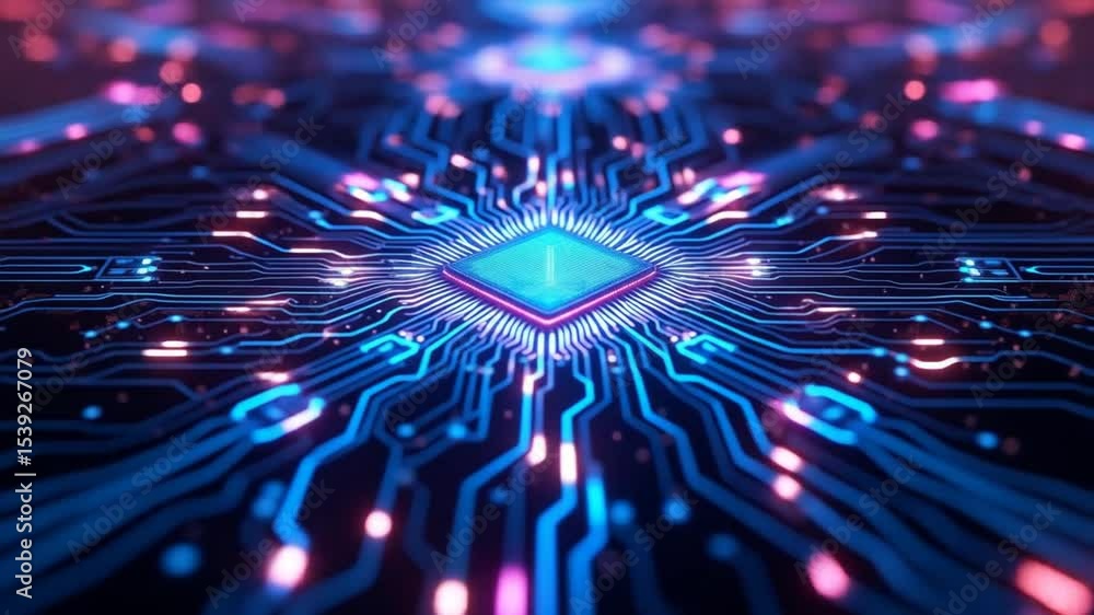 Aufkleber futuristic circuit board with glowing cpu, electronic data flow, and neural network