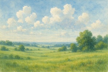 Fototapeta premium Abstract summer watercolor landscape with serene blue sky and rolling green meadows in peaceful countryside