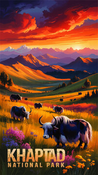 Vibrant Yak Grazing Landscape in Khaptad National Park, Nepal Himalayas at Sunset &ndash; Colorful Wildlife Mountain Scenery Illustration