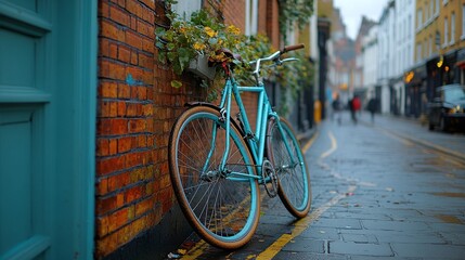 Blue Bicycle Leaned Against Brick Wall On A City Street