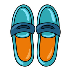 Blue and orange loafers, casual moccasins, trendy summer shoes. Cartoon vector illustration on white background. 