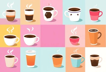 Fototapeta premium A whimsical set of coffee cups in various geometric shapes, vector illustration, colorful cups, graphic