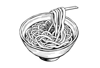 Black and white sketch of udon noodles in a bowl, vector illustration,  background,  white