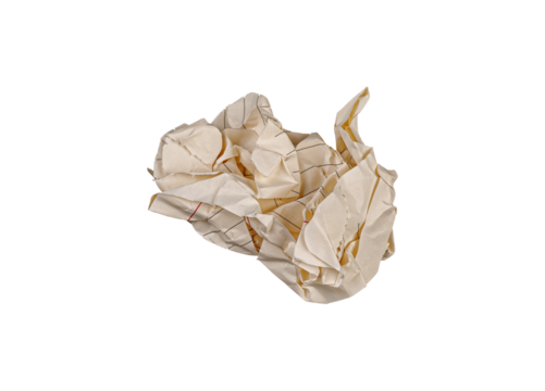 A crumpled checkered paper sheet on a white background fits educational themes. Its wrinkled grid adds realism for recycling lessons or math errors.