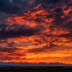 Fototapeta premium Fiery sunset over a mountain range, the clouds ablaze with vibrant orange and red hues.