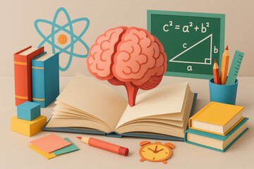 Open book with paper art brain and colorful educational books representing learning and knowledge