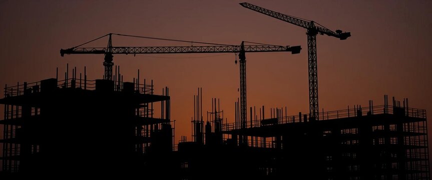 Dark silhouette of active construction site with scaffolding and equipment, development, night - Powered by Adobe