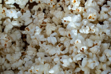 Close-up of freshly popped white popcorn kernels in a wooden bowl under natural sunlight. Concept of snack food, movie night, homemade treats, and tasty crunchy texture in high detail.