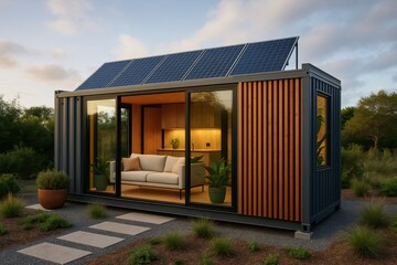 Innovative container house with eco-friendly portable design representing sustainable living solutions and modern tiny house movement