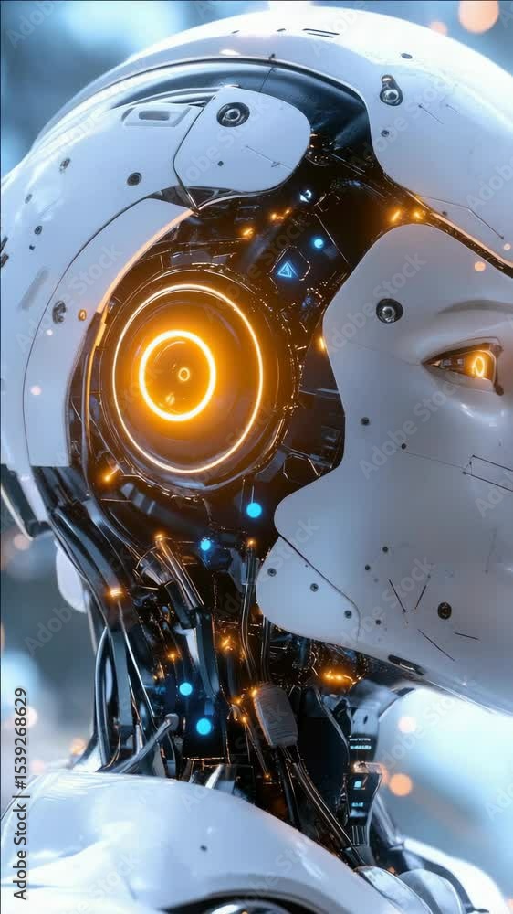 Poster human-like robot head with high-tech design and glowing components.