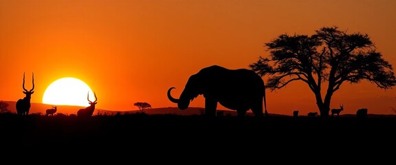 Silhouettes of African wildlife against a sunset safari landscape, African animals,  photo