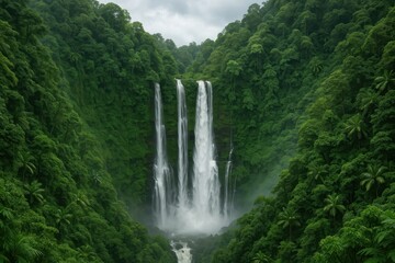 Majestic waterfall river flowing between lush green mountains showcasing dense rainforest ecosystem and pristine natural landscape