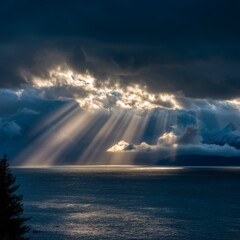 The sun's rays breaking through the dark clouds, illuminating the sea below