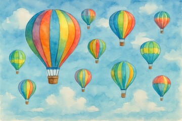 Obraz premium Vibrant watercolor hot air balloons floating gracefully across bright blue sky