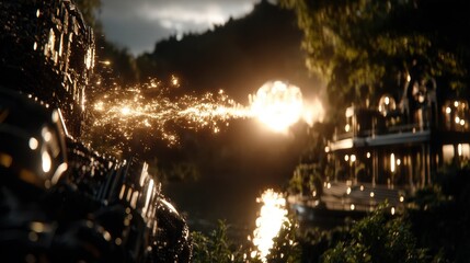 Naklejka premium Dark textured robotic object emitting golden sparks towards illuminated structure in lush nighttime environment