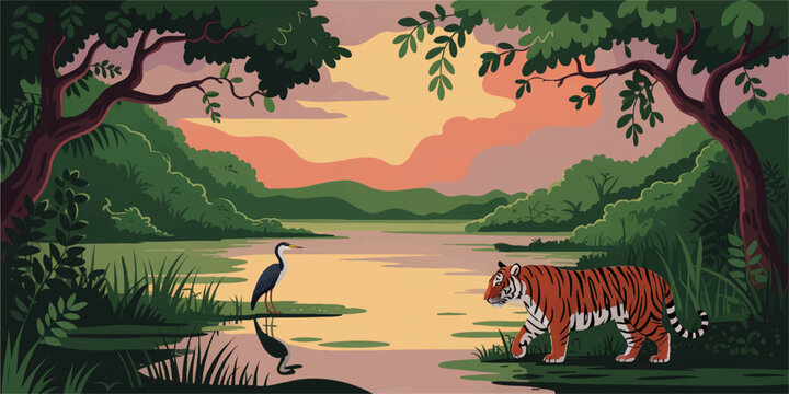 Majestic Tiger and Heron by Jungle River at Sunset – Vector Illustration of Wildlife Landscape for Nature and Adventure Themes