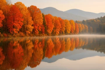 Gardinen Stunning autumn landscape featuring pristine lake reflection with colorful fall foliage and misty mountains created using advanced AI technology © Jelena